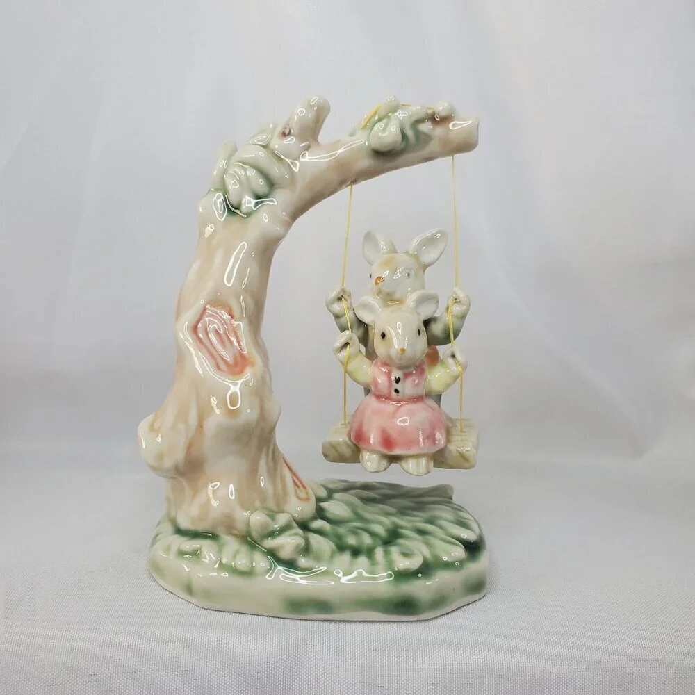 Tales of Bunny Hollow Ceramic Young Bunnies Tree Swing VTG 1993 Albert E Price